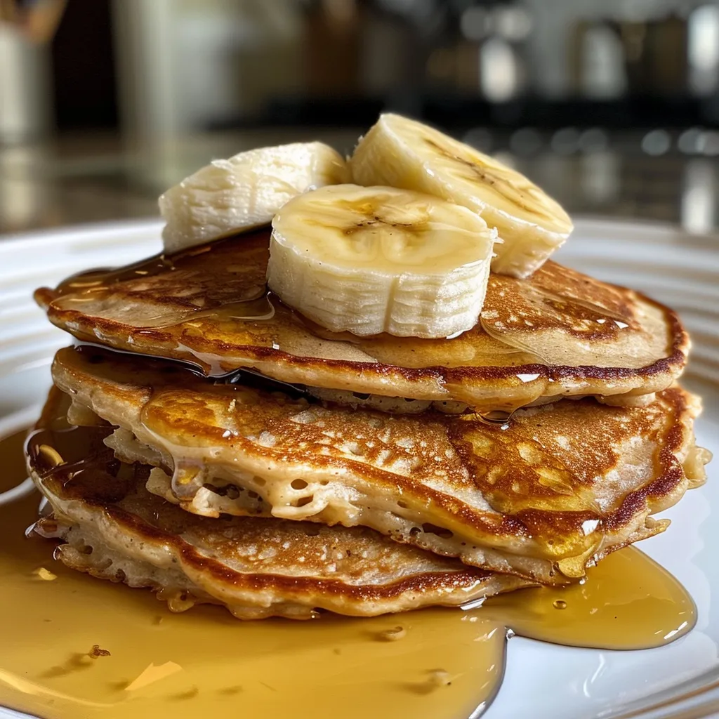 Delicious stack of 3-ingredient banana oatmeal pancakes topped with banana slices and served with fresh strawberries.