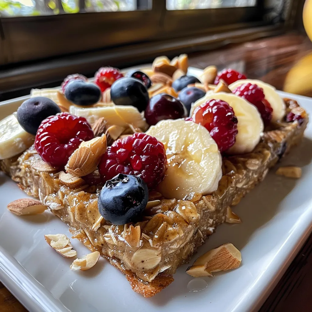 Baked protein oats topped with yogurt and berries on a white plate.