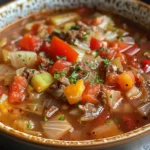 A pot of cabbage soup with chopped vegetables.