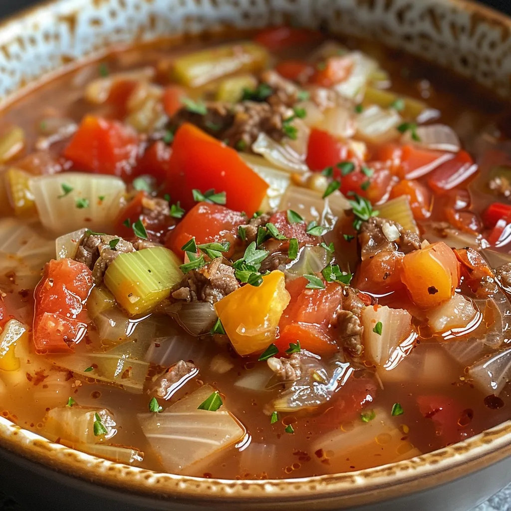 A pot of cabbage soup with chopped vegetables.