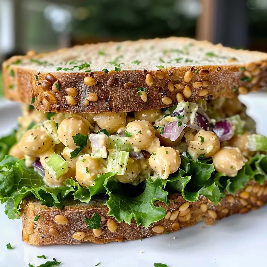 A delicious chickpea salad sandwich on artisan bread, layered with lettuce and tomatoes.