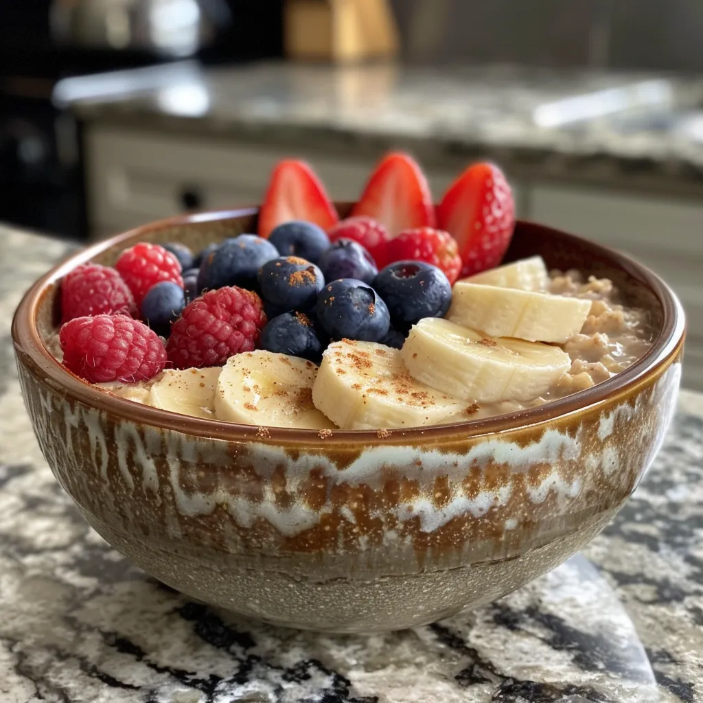 A bowl of oatmeal topped with banana slices, berries, and pecans.