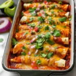 Delicious Whole30 enchiladas topped with cheese, avocado, red onions, and parsley in a white baking dish.