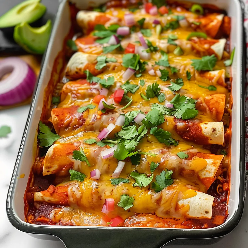 Delicious Whole30 enchiladas topped with cheese, avocado, red onions, and parsley in a white baking dish.