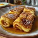 A plate of cinnamon-sugar French toast roll-ups with a bowl of syrup.