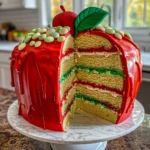 A giant apple-shaped cake cut in half, revealing layers of yellow cake inside.