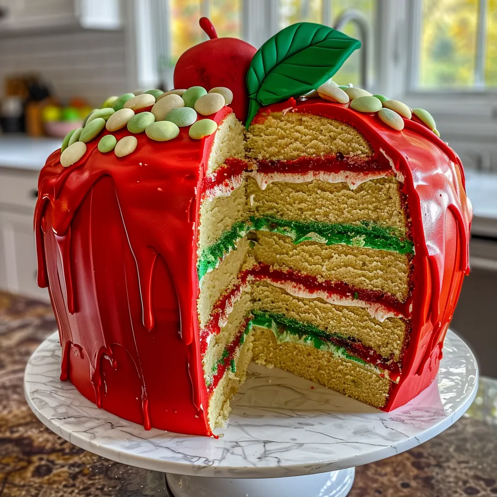 A giant apple-shaped cake cut in half, revealing layers of yellow cake inside.