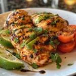 Grilled chicken breast topped with grilled avocado, cherry tomatoes, mozzarella, and balsamic glaze.