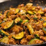 A skillet of ground turkey and zucchini, topped with fresh parsley.