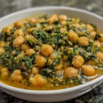 Hearty chickpea and spinach stew served in a bowl with fresh basil on top.