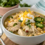 Close-up of a bowl of creamy white chicken chili topped with shredded cheese, tortilla strips, and parsley.