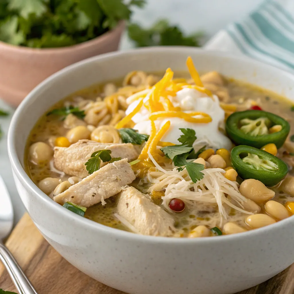 Close-up of a bowl of creamy white chicken chili topped with shredded cheese, tortilla strips, and parsley.