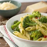A delicious-looking pan of creamy broccoli pasta with parmesan cheese.