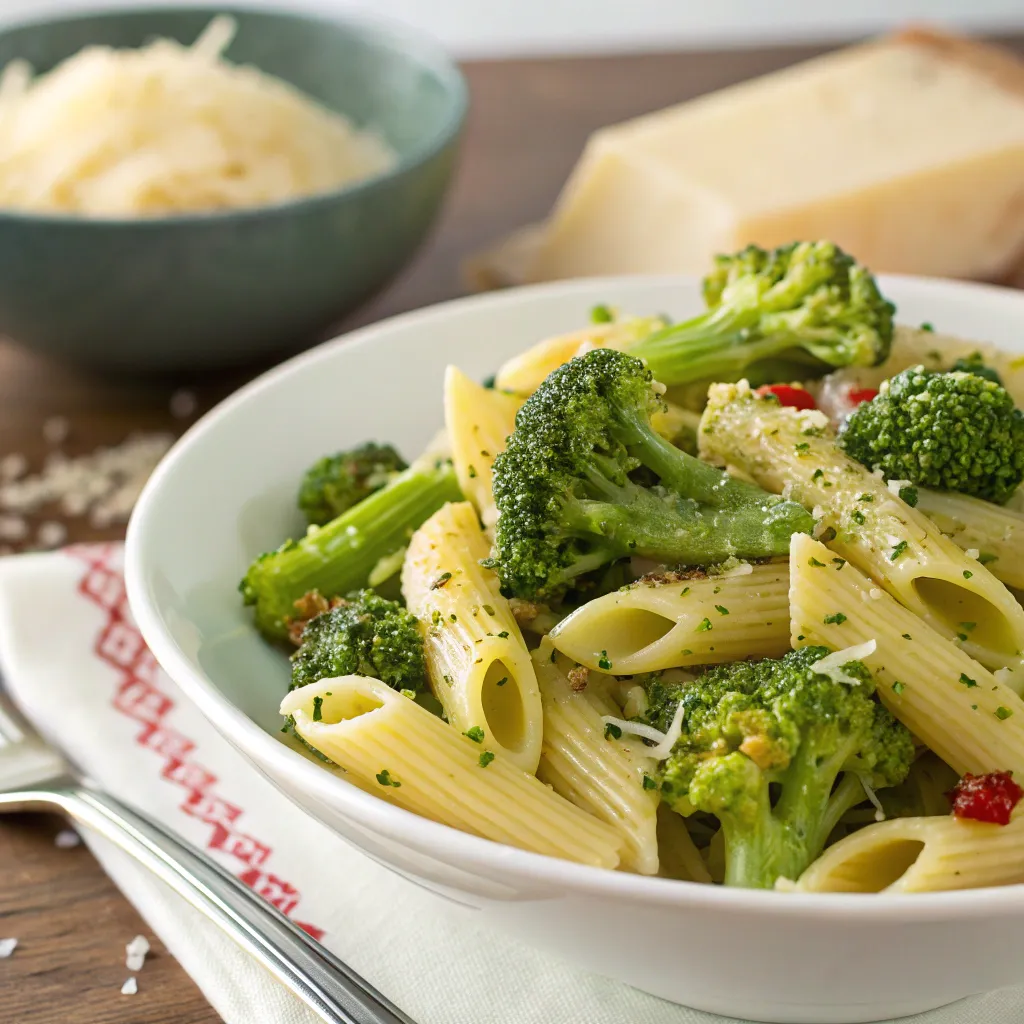 A delicious-looking pan of creamy broccoli pasta with parmesan cheese.