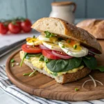 Stack of three healthy breakfast sandwiches with spinach, tomato, and cheese on English muffins.
