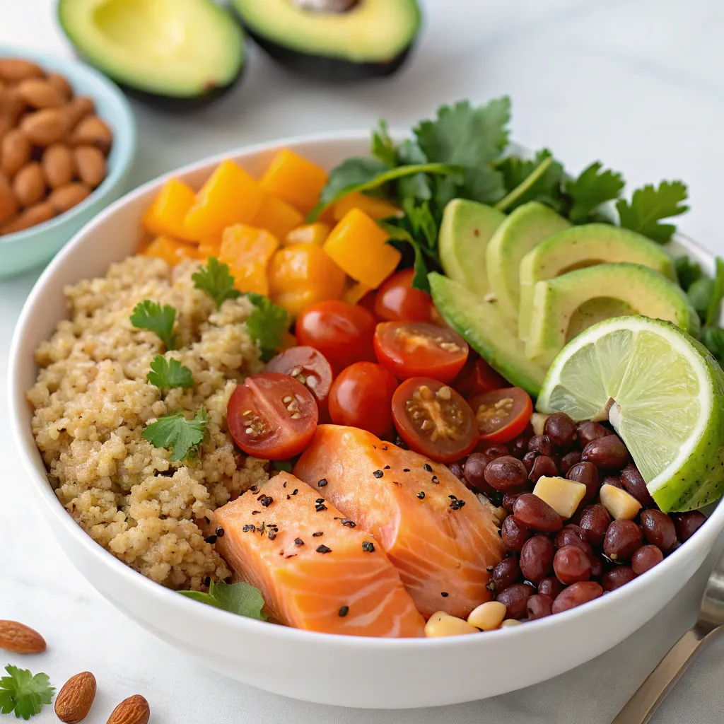 Person holding a bowl of healthy food by a window.