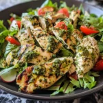 Four images showcasing different chicken salad recipes: pasta salad, sandwich roll-ups, pesto wraps, and a spinach salad.