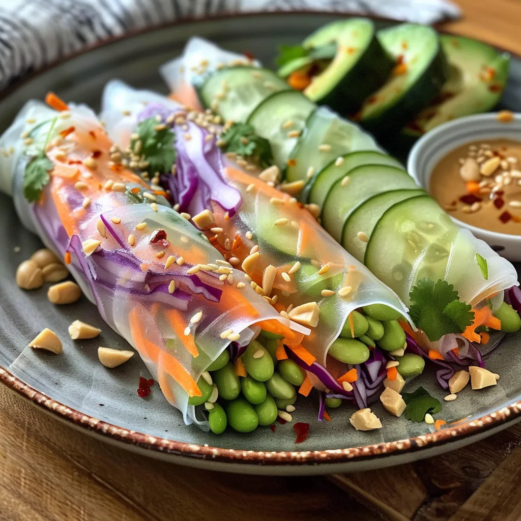 A plate of vegan rice paper rolls filled with colorful vegetables, avocado, and topped with sesame seeds, served with dipping sauces.