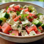 Close-up of a refreshing watermelon, cucumber, and feta salad, garnished with fresh mint.