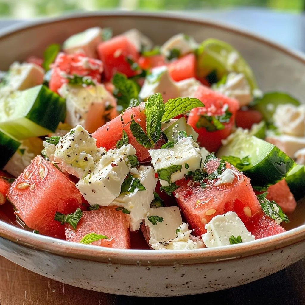 Close-up of a refreshing watermelon, cucumber, and feta salad, garnished with fresh mint.