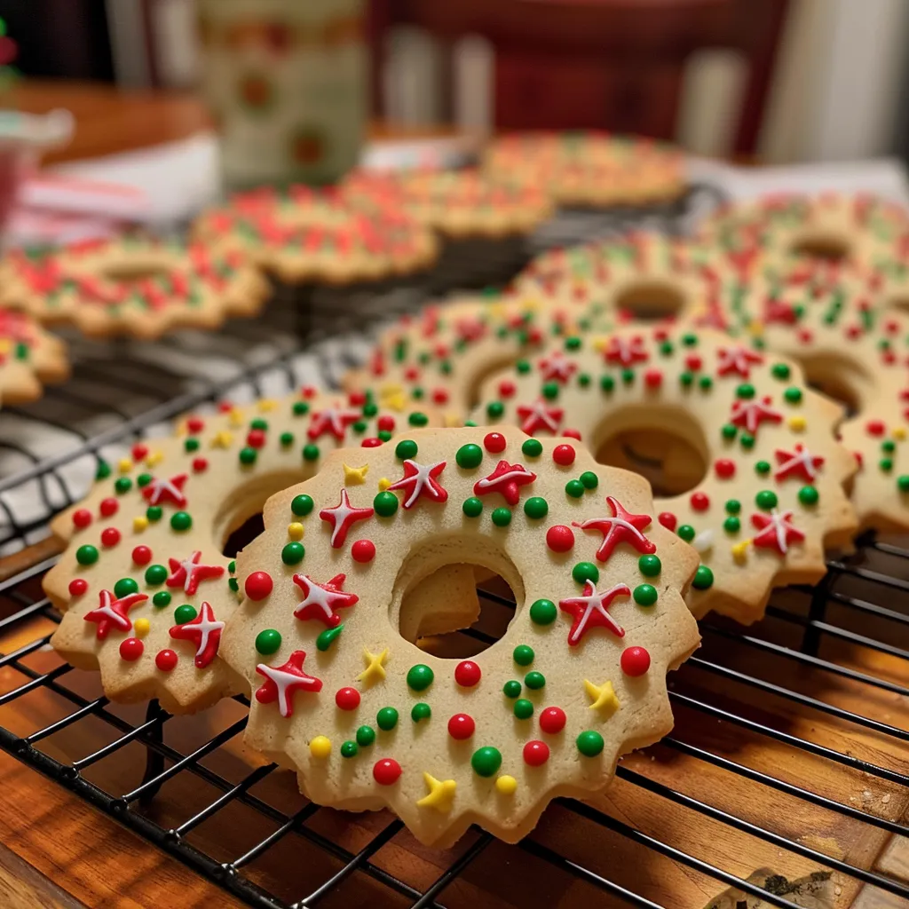 A cute easy wreath cookie with dots and lines made with royal icing, 10 second consistency.