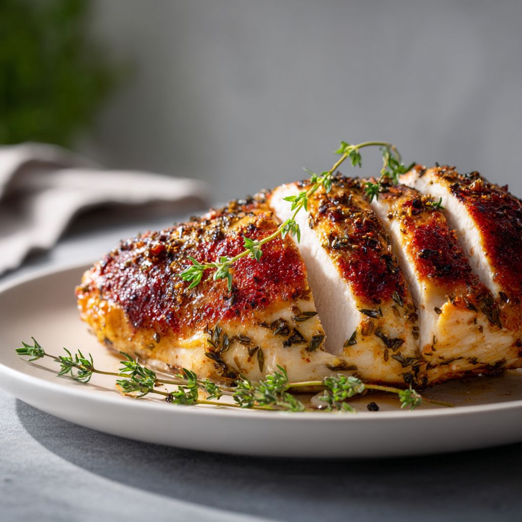 Close-up of a juicy Garlic Herb Turkey Breast on a rustic wooden table.