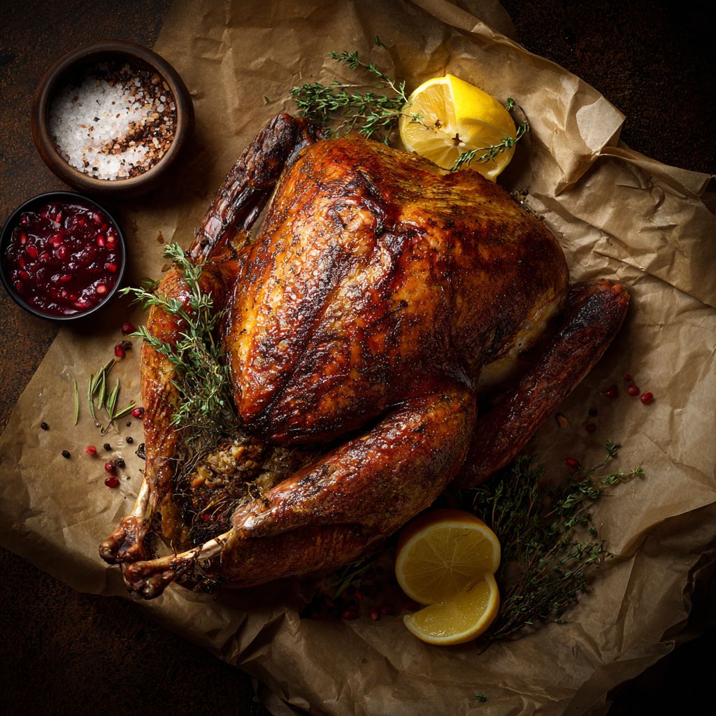 Close-up of a golden, crispy spatchcock turkey on a wooden platter with herbs.