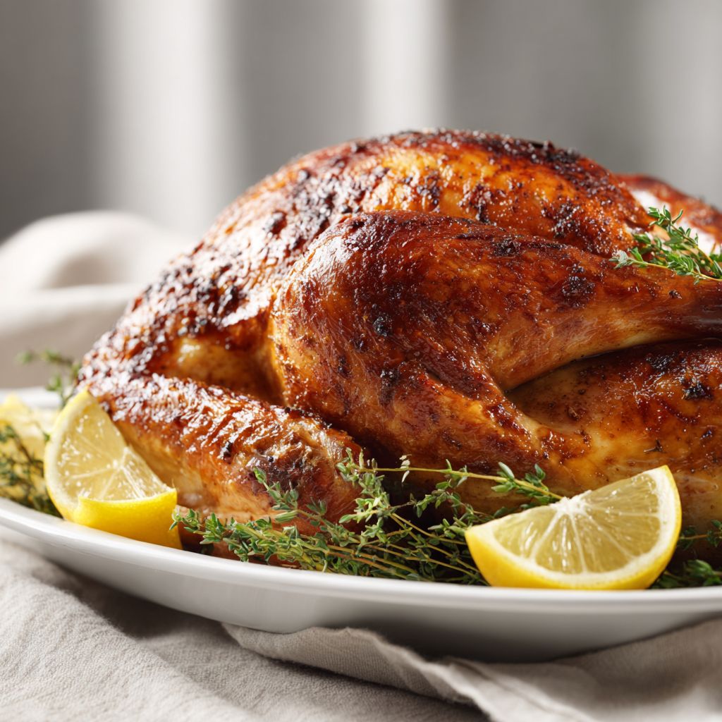 Close-up of a perfectly roasted turkey with golden-brown skin and herbs.