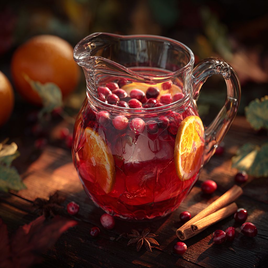 Close-up of Thanksgiving Punch with spices and fruits in a clear glass.