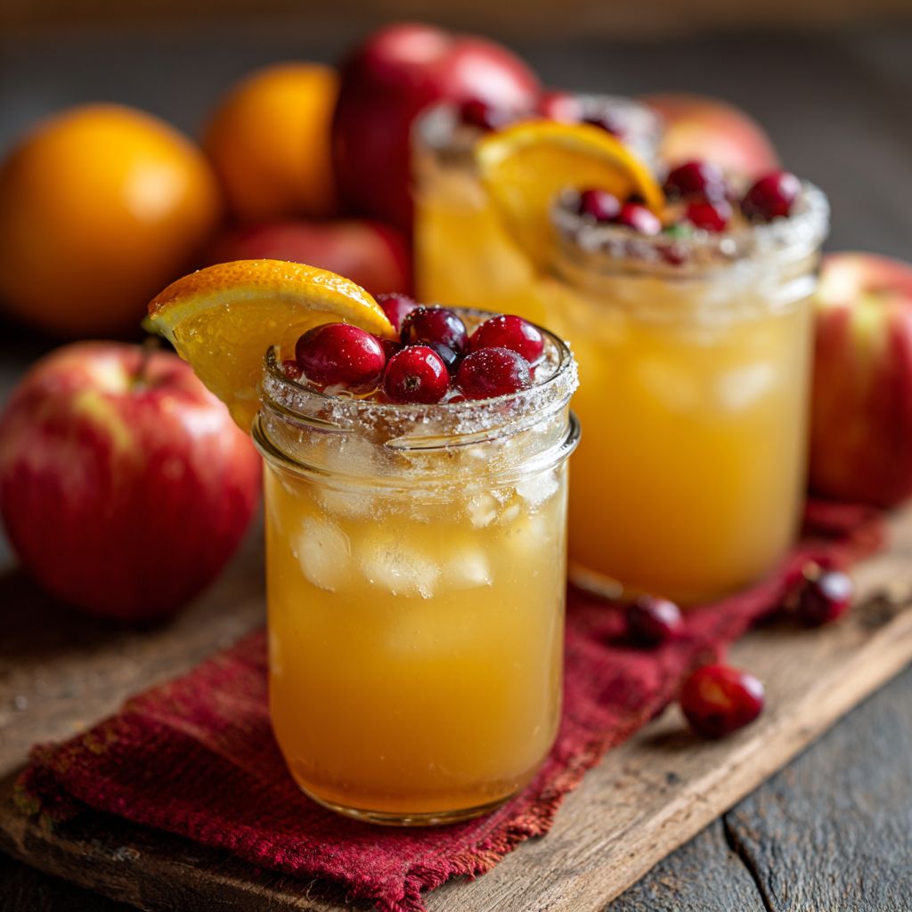 Close-up of a vibrant Non-Alcoholic Autumn Harvest Punch with apple and orange slices.