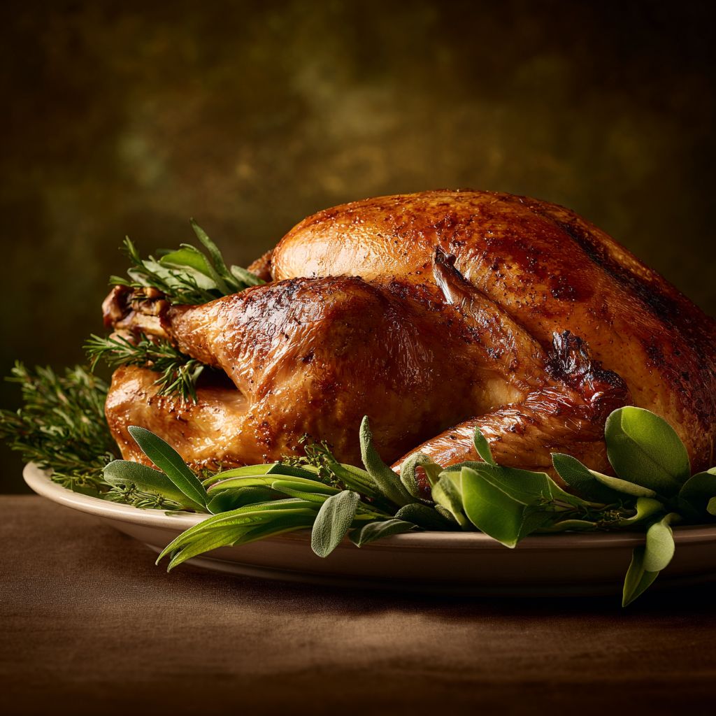 Close-up of a perfectly roasted turkey with golden skin and garnished with herbs.