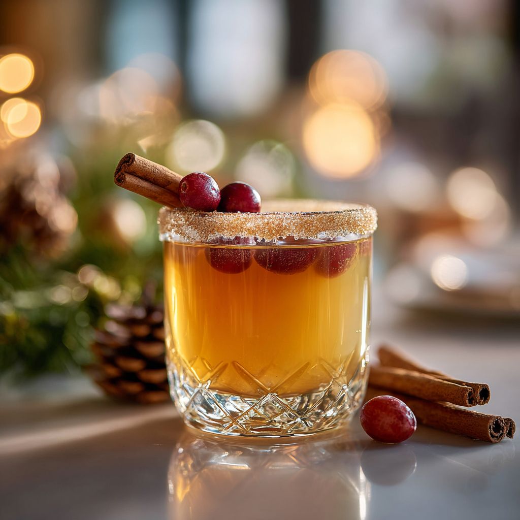 Close-up shot of a vibrant non-alcoholic Thanksgiving punch in a clear glass, garnished with sliced oranges and fresh cranberries.