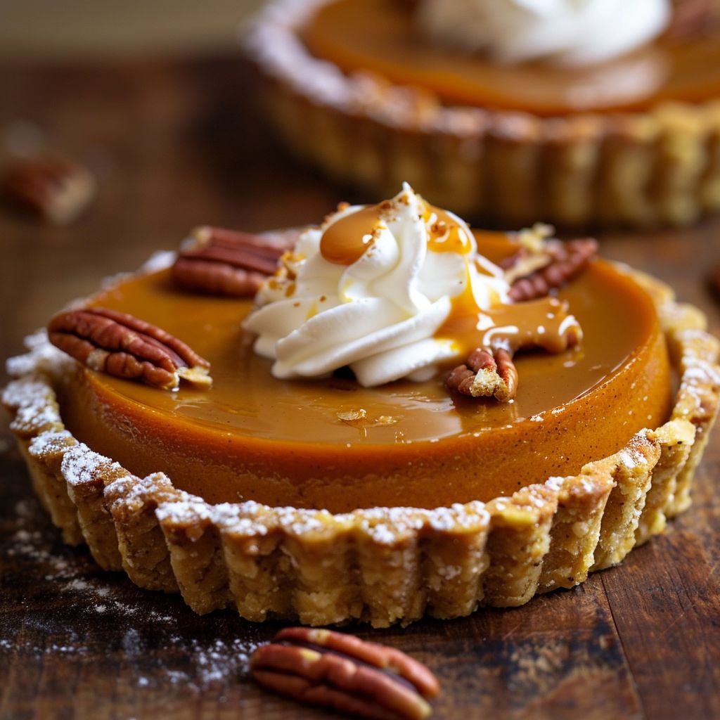 Close-up of a pumpkin spice caramel tart topped with whipped cream and pecans.