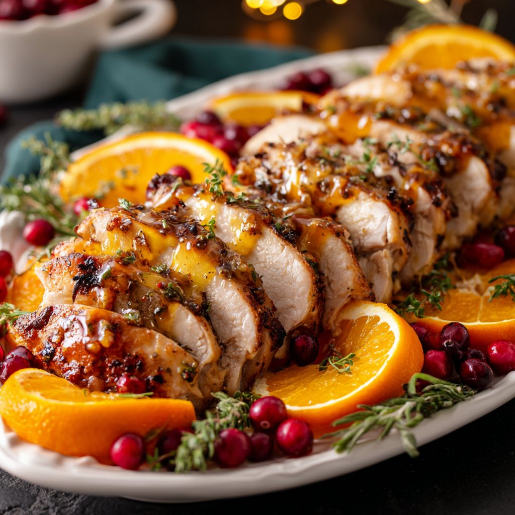 Close-up of a succulent turkey breast with a vibrant cranberry orange sauce.