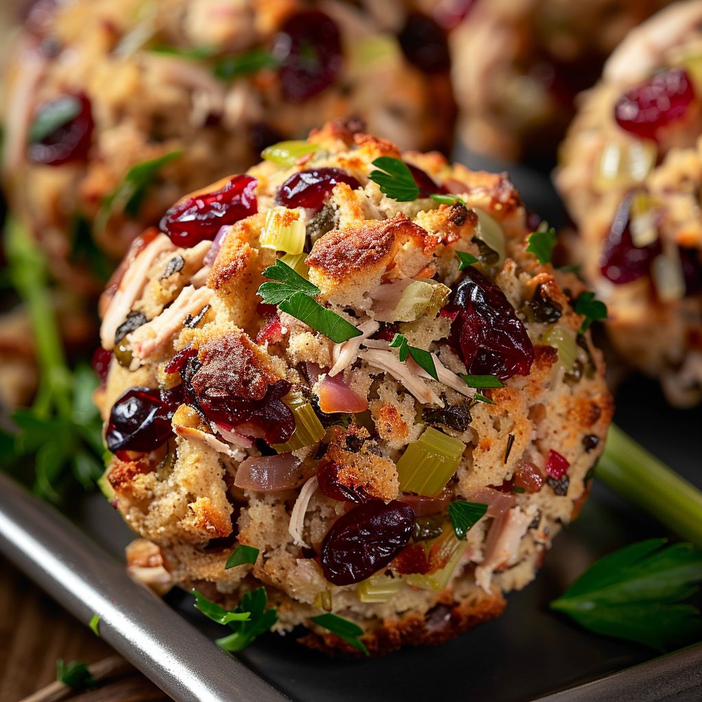 Close-up of golden-brown cranberry turkey stuffing balls garnished with herbs.