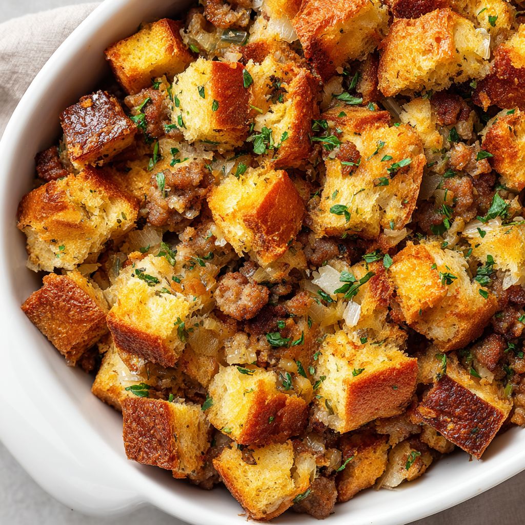 Close-up view of Turkey Sausage Stuffing in a rustic dish, showcasing the texture and ingredients.
