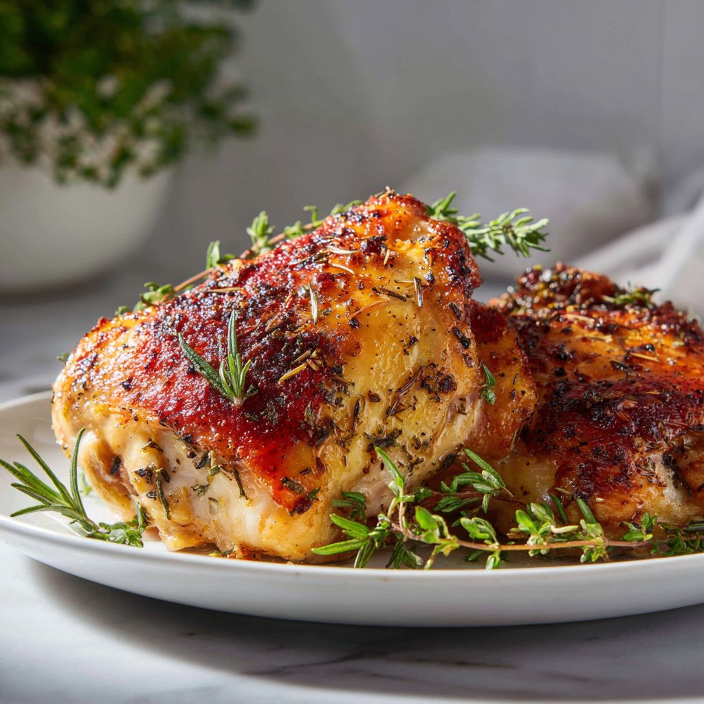 Close-up of a juicy Garlic Herb Turkey Breast on a rustic wooden table.