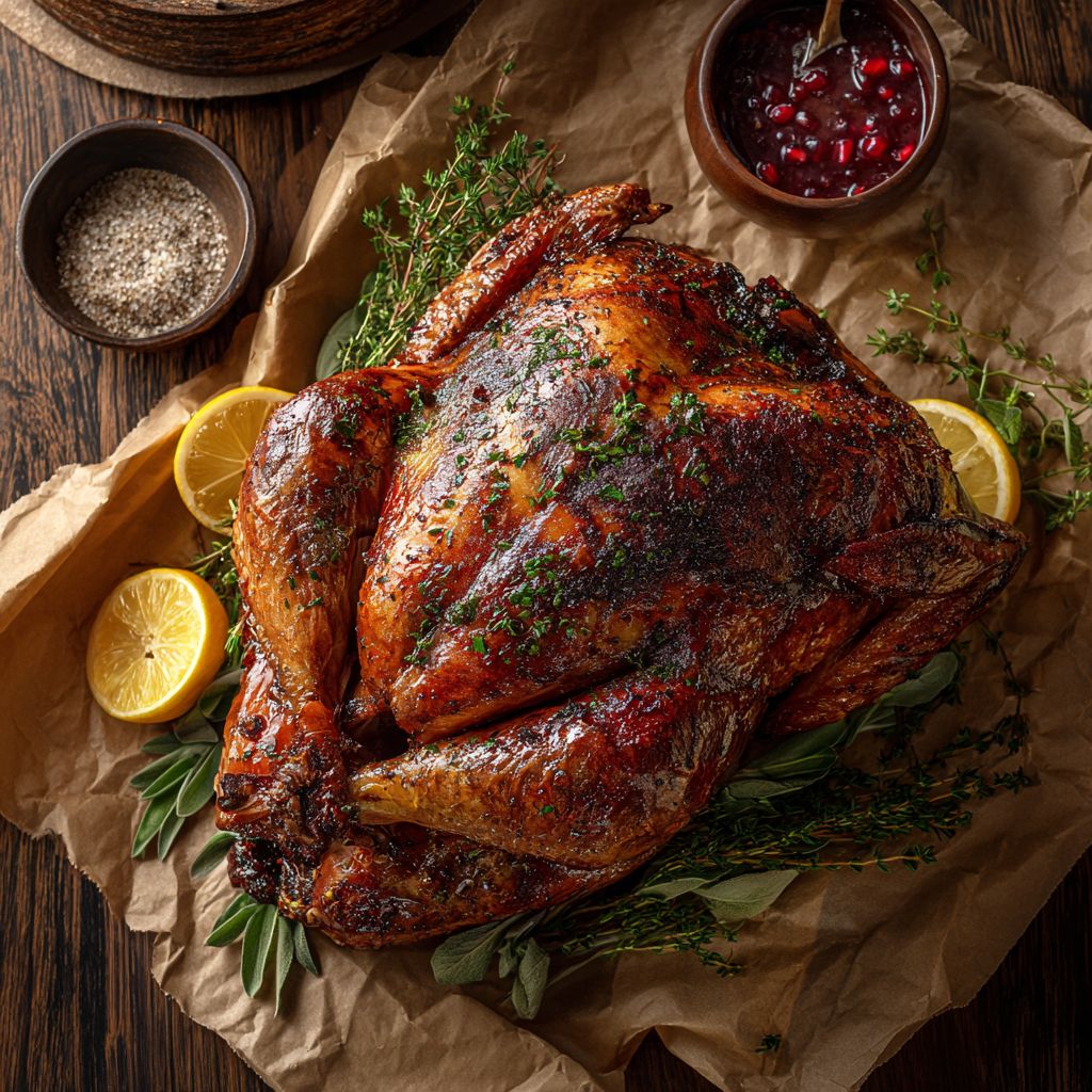 Close-up of a golden, crispy spatchcock turkey on a wooden platter with herbs.