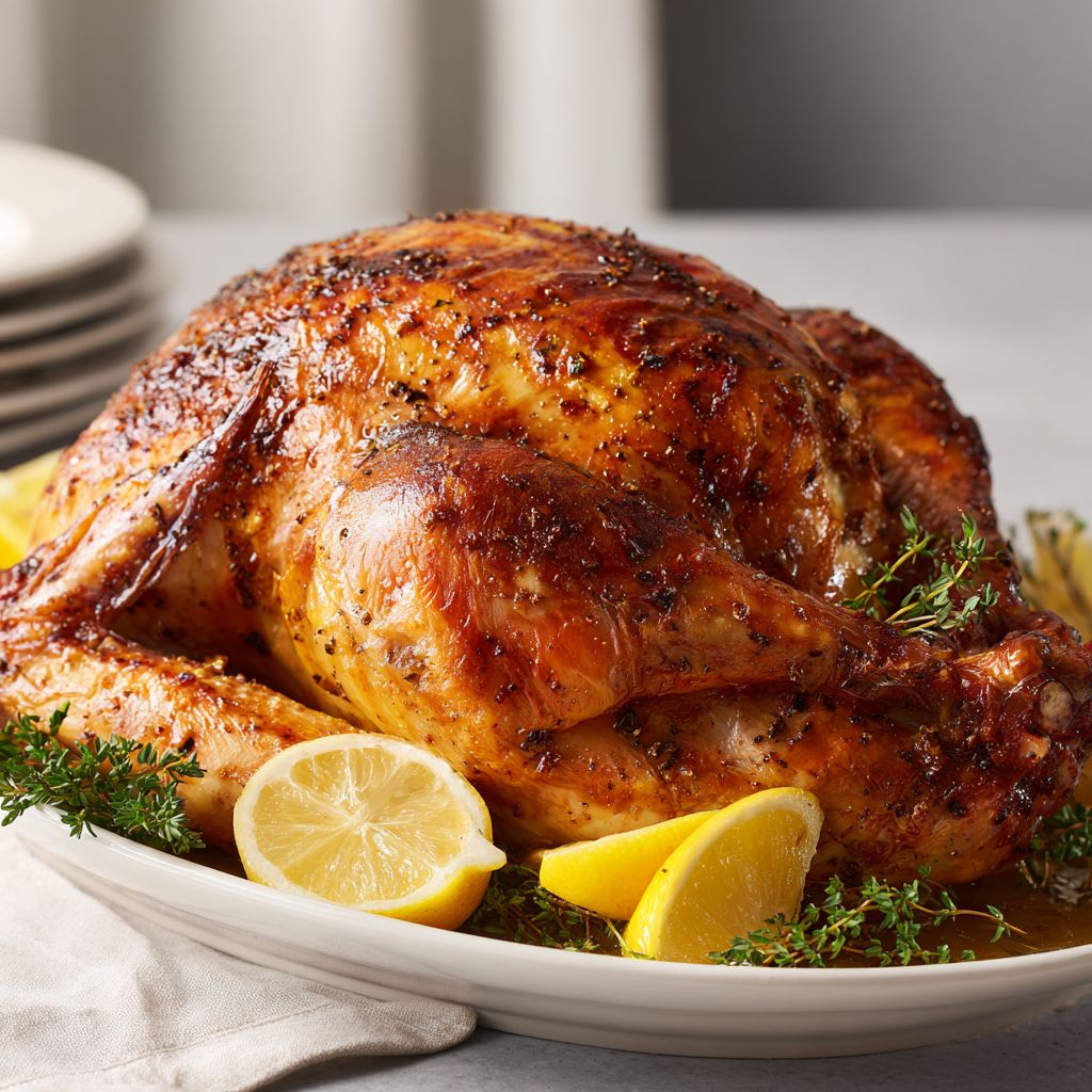 Close-up of a perfectly roasted turkey with golden-brown skin and herbs.