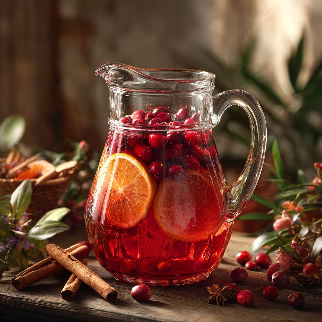Close-up of Thanksgiving Punch with spices and fruits in a clear glass.