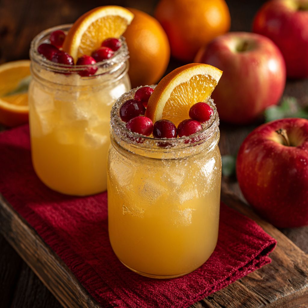 Close-up of a vibrant Non-Alcoholic Autumn Harvest Punch with apple and orange slices.