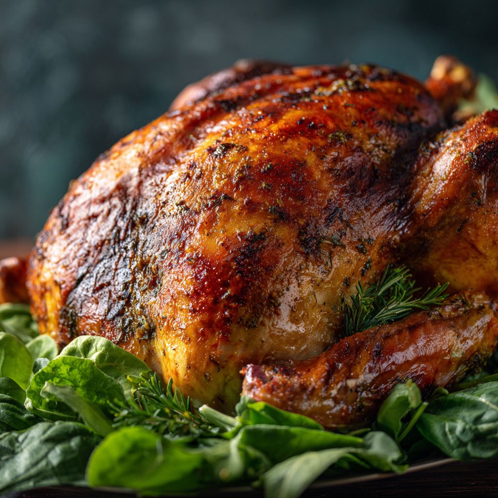 Close-up of a perfectly roasted turkey with golden skin and garnished with herbs.
