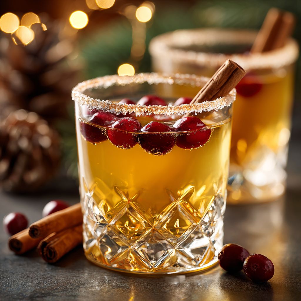 Close-up shot of a vibrant non-alcoholic Thanksgiving punch in a clear glass, garnished with sliced oranges and fresh cranberries.