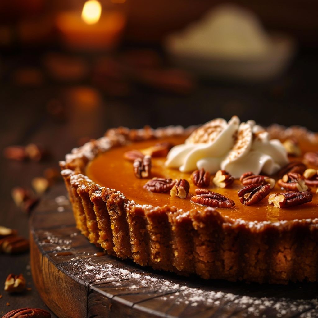 Close-up of a pumpkin spice caramel tart topped with whipped cream and pecans.