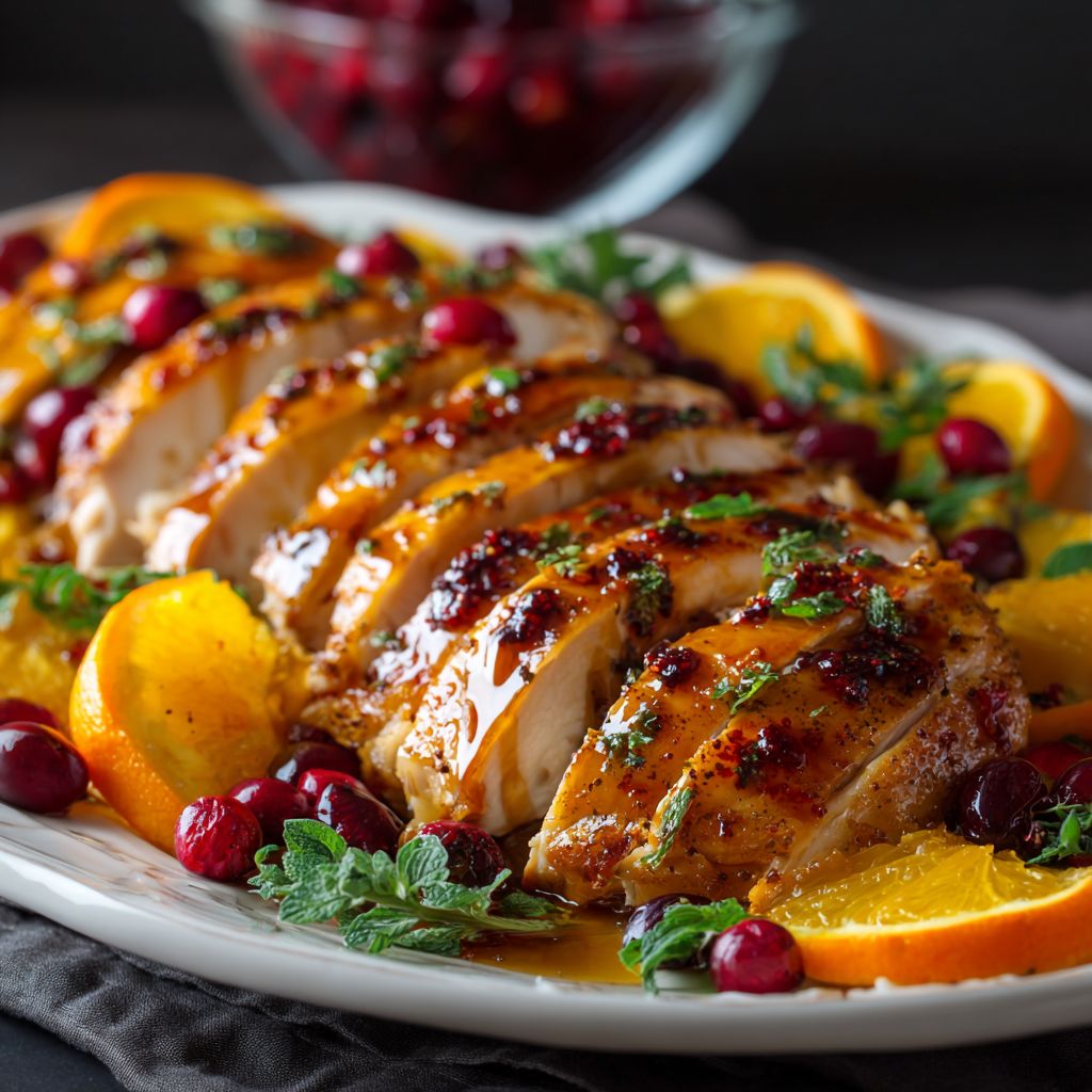 Close-up of a succulent turkey breast with a vibrant cranberry orange sauce.