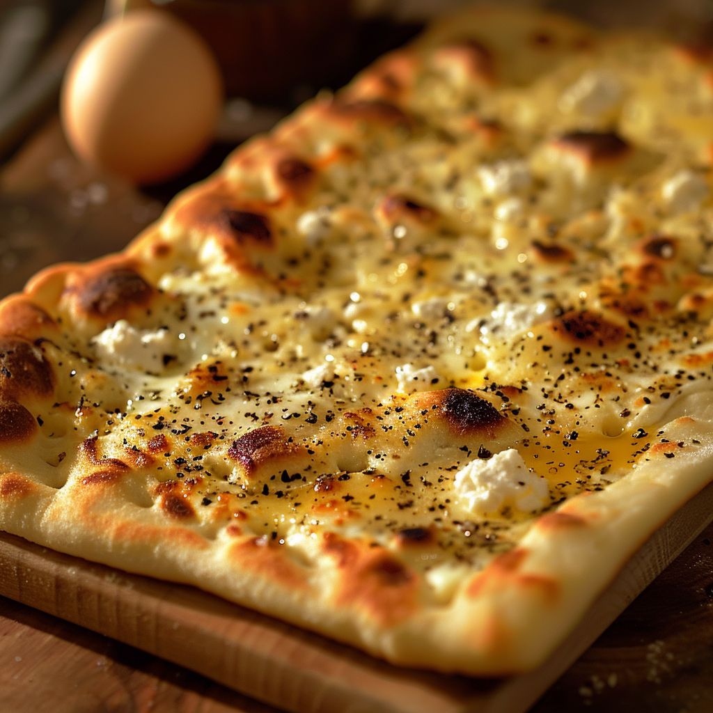 Close-up of golden-brown cottage cheese flatbreads on a wooden surface.