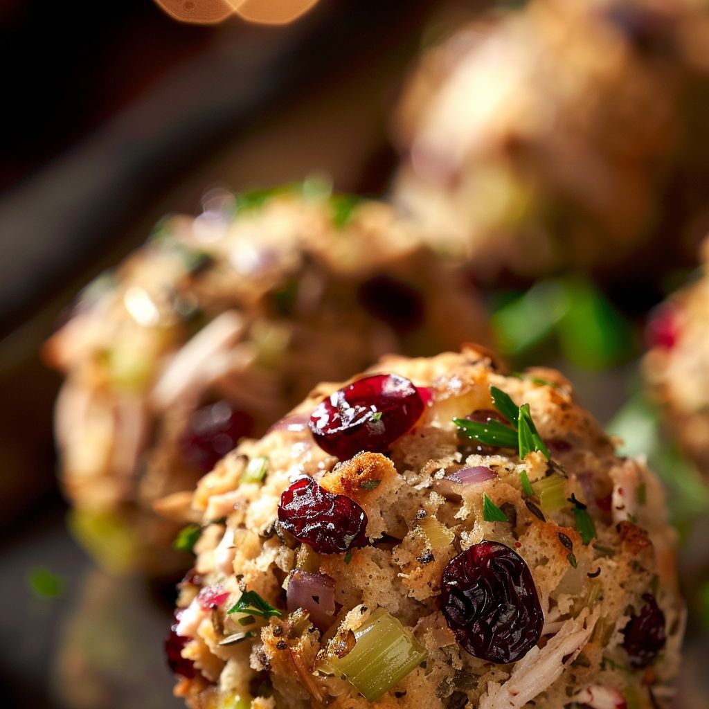 Close-up of golden-brown cranberry turkey stuffing balls garnished with herbs.