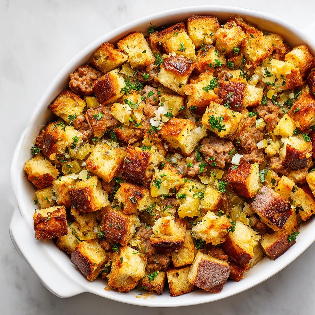 Close-up view of Turkey Sausage Stuffing in a rustic dish, showcasing the texture and ingredients.