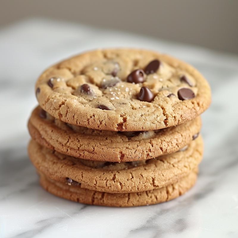 Close-up of three stacked chocolate chip cookies on a white marble surface.