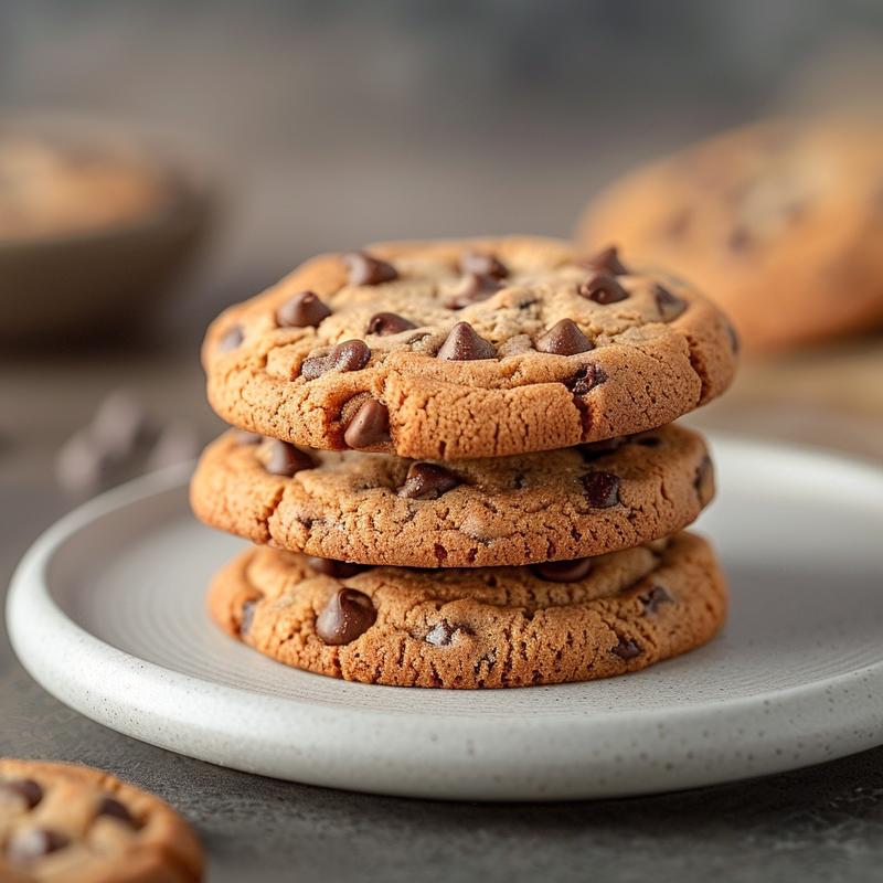 Three freshly baked chocolate chip cookies stacked on a light grey plate.